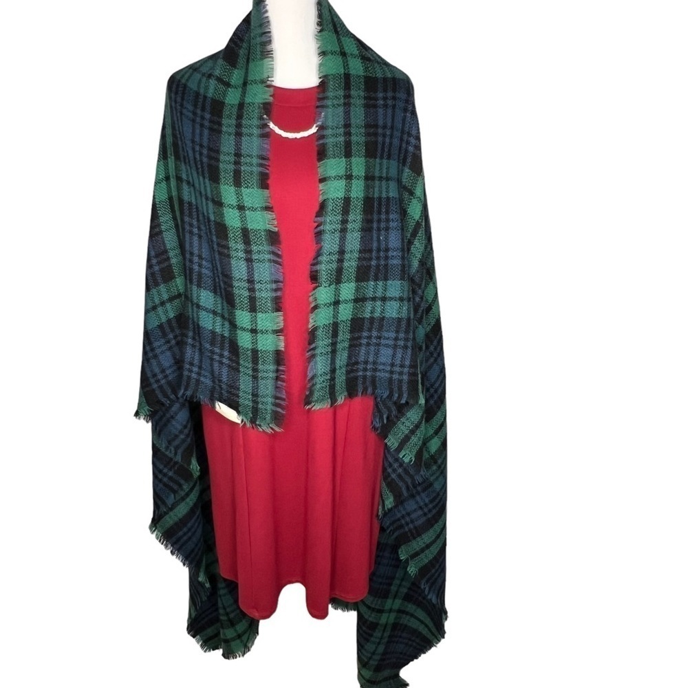 ModCloth Womens Hunter Green Navy Blue Plaid Blanket Scarf Wrap Long Cozy Chunky